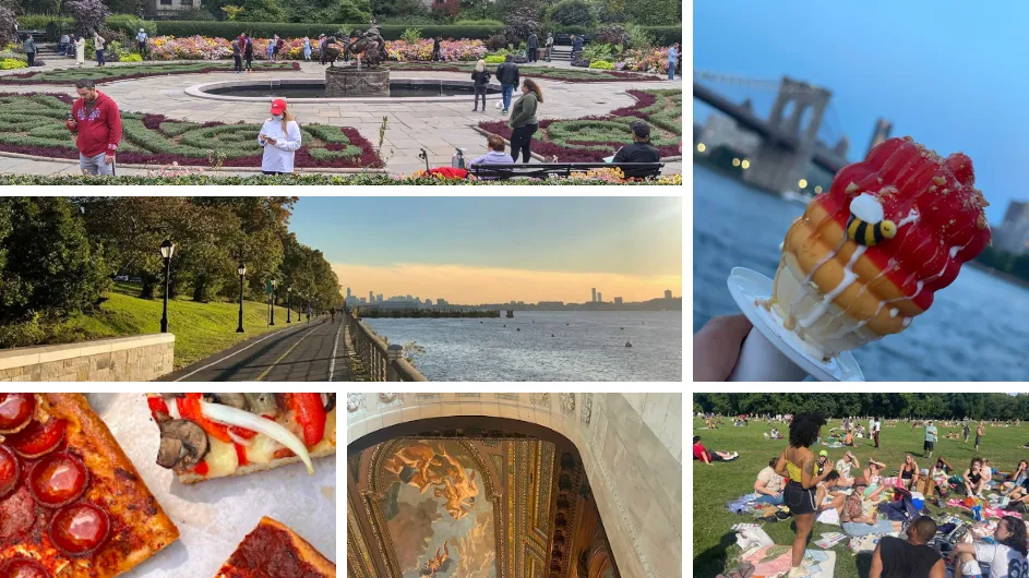 A collage of multiple New York City sites: Conservatory Carden, Ice Cream at the Brooklyn bridge, west side highway, pizza, the met, and a picnic. 