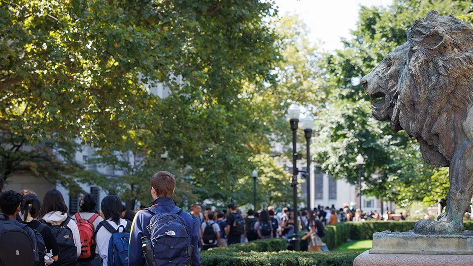 A view of students walking through Columbia's Morningside campus on their way to classes.