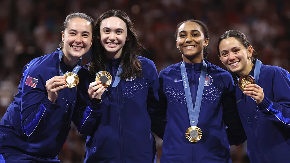 Jackie Dubrovich (left) and Olympic fencing gold