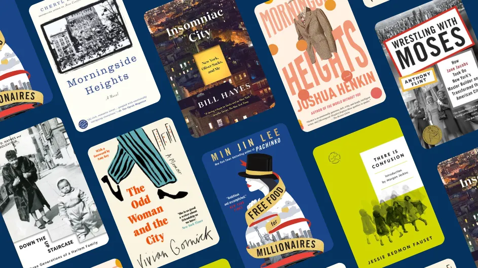 A collage of 8 books about new york and morningside heights. 