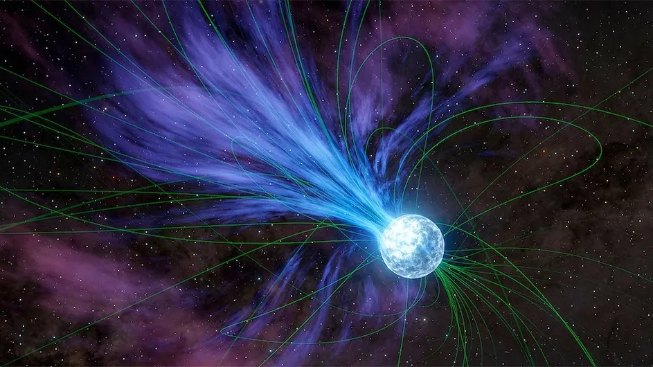 A visualization shows a giant flare erupting from a magnetized star called a magnetar.