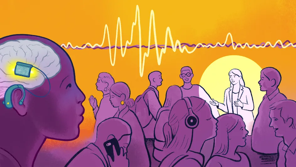 Illustration of a person isolating the voice of a single other person in a crowd with the help of new brain-controlled hearing technology.
