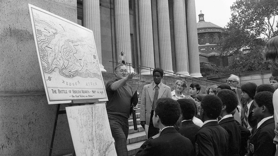 History professor James Shenton led Morningside Heights schoolchildren on walking tours tracing Revolutionary War battle lines in the neighborhood, using maps created by Columbia College alumnus Lincoln Diamant.