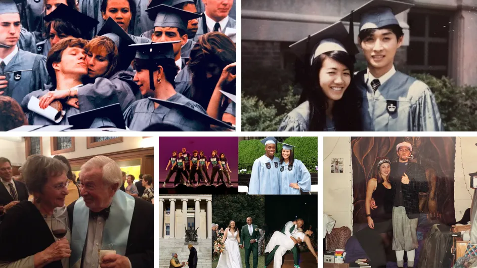 Clockwise from top left: Clare Deegan-Kent (CC’92) & Robert Kent (CC’92), Kevin Hom (SEAS’70) & Brenda Eng Hom (BC’70), Seth Unger (CC’97) & Allison Jaffin (CC’97), Alyson Goulden (SEAS’13) & Nehemiah Loury (CC’13), and Marvin Lipman (CC’49, VPS’54) & Naomi Loeb Lipman (BC’51, GSAS’52). Courtesy Columbia Alumni Association.