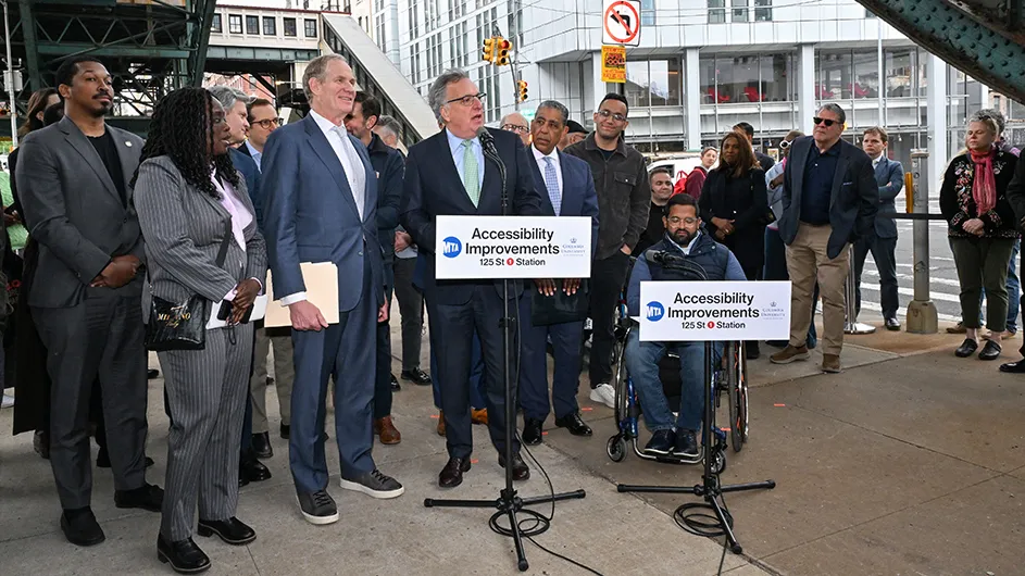 Columbia University Senior Executive Vice President Robert Kasdin speaks at a May 8, 2026, press conference held by Columbia University and the Metropolitan Transportation Authority to announce a provisional agreement to undertake station upgrades at the 125 Street 1 subway station in Manhattan. (Diane Bondareff)