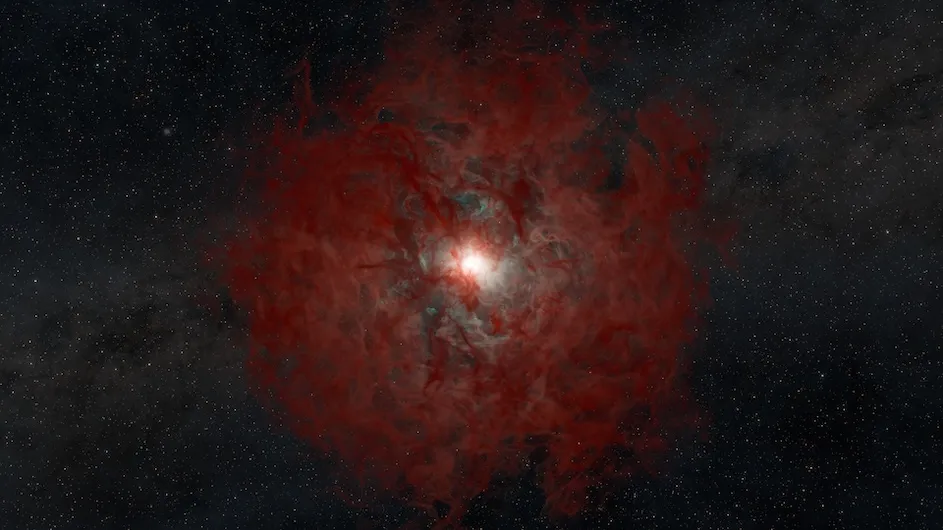 The image shows a shell of thick gas and dust (red) expelled from the outer layers of a star as its core collapsed into a black hole. The inner regions show a heated ball of gas (white) continuing to fall into the central black hole.