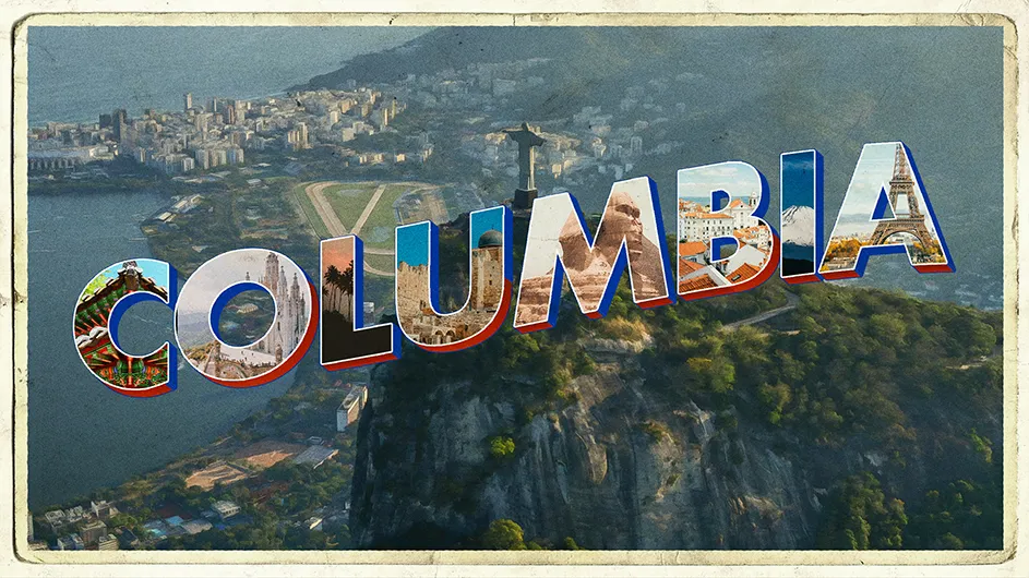 The word "Columbia" set against a backdrop of Rio de Janeiro.